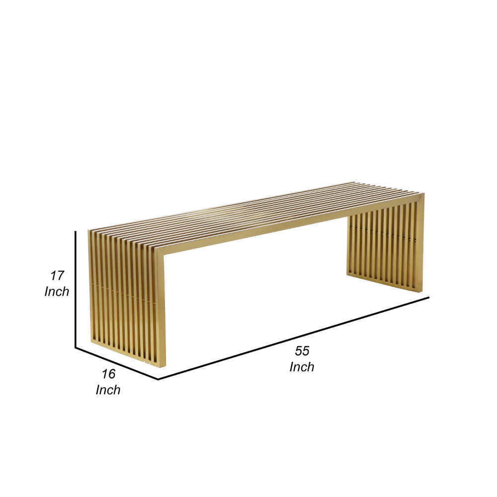 Niki 55 Inch Accent Bench Slatted Rectangular Luxurious Brushed Gold By Casagear Home BM314974