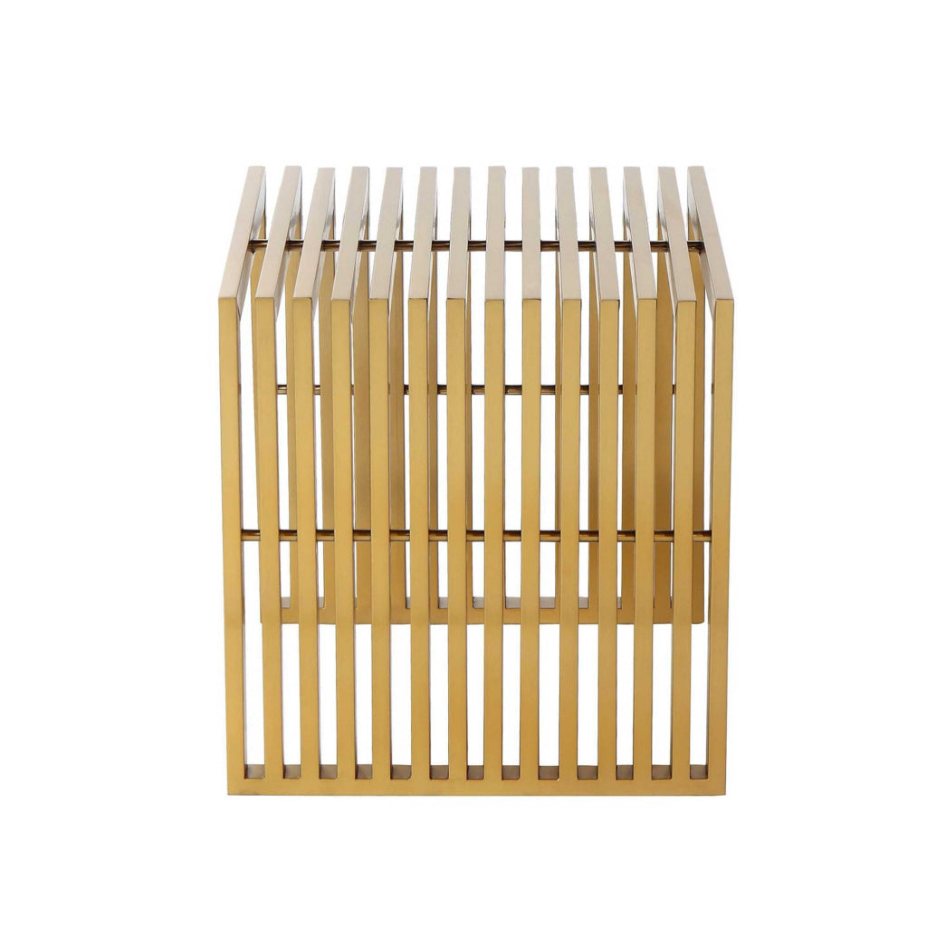 Niki 17 Inch Accent Stool Slatted Design Square Luxurious Brushed Gold By Casagear Home BM314975