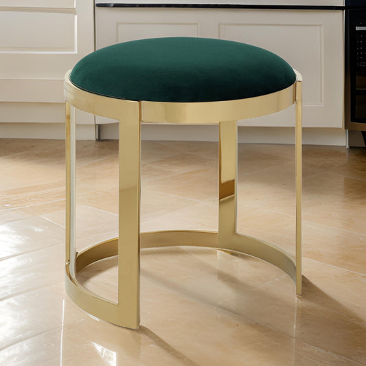 Niyo 19 Inch Accent Stool Ottoman Round Cushioned Green Velvet Seat Gold By Casagear Home BM314976