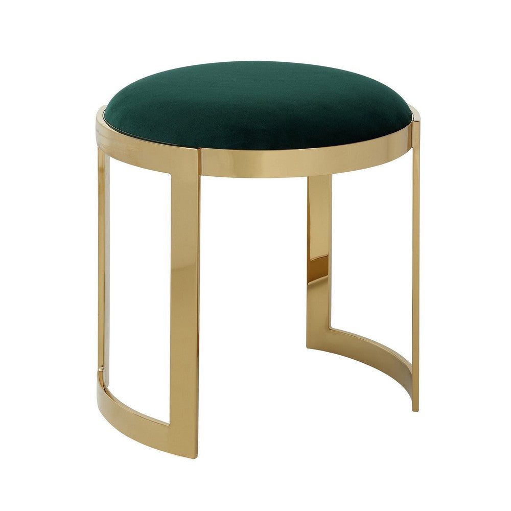 Niyo 19 Inch Accent Stool Ottoman, Round Cushioned Green Velvet Seat, Gold By Casagear Home