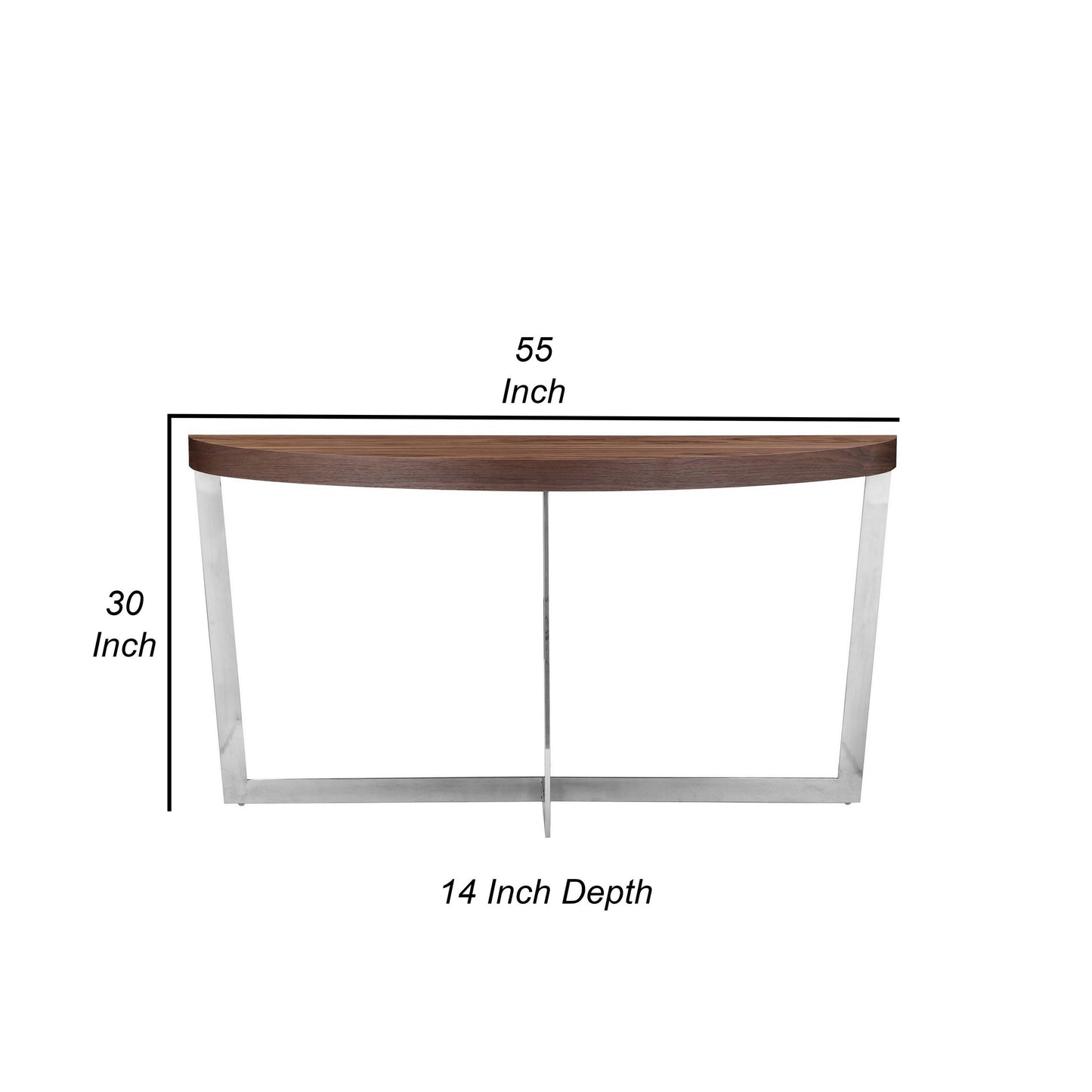 Tini 55 Inch Console Table, Oval Top, Chrome Frame, Walnut Brown Finish By Casagear Home