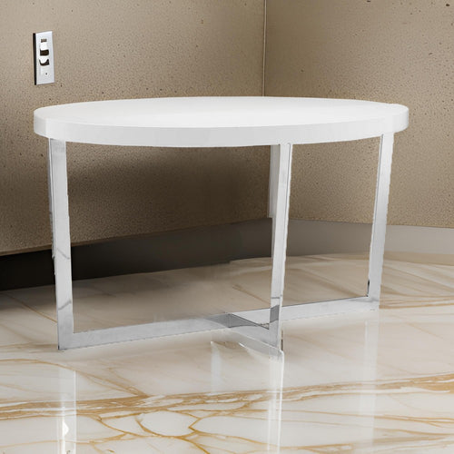 Tini 55 Inch Console Table, Oval Top, Chrome Frame, Sleek White Finish By Casagear Home