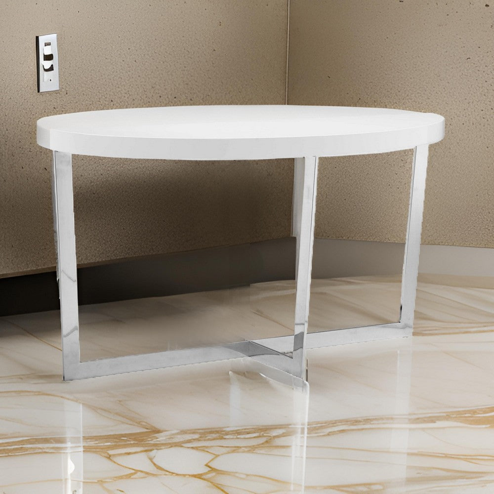 Tini 55 Inch Console Table, Oval Top, Chrome Frame, Sleek White Finish By Casagear Home