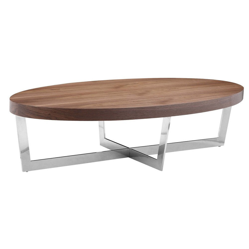 Tini 55 Inch Coffee Table Oval Top Chrome Frame Walnut Brown Finish By Casagear Home BM314983