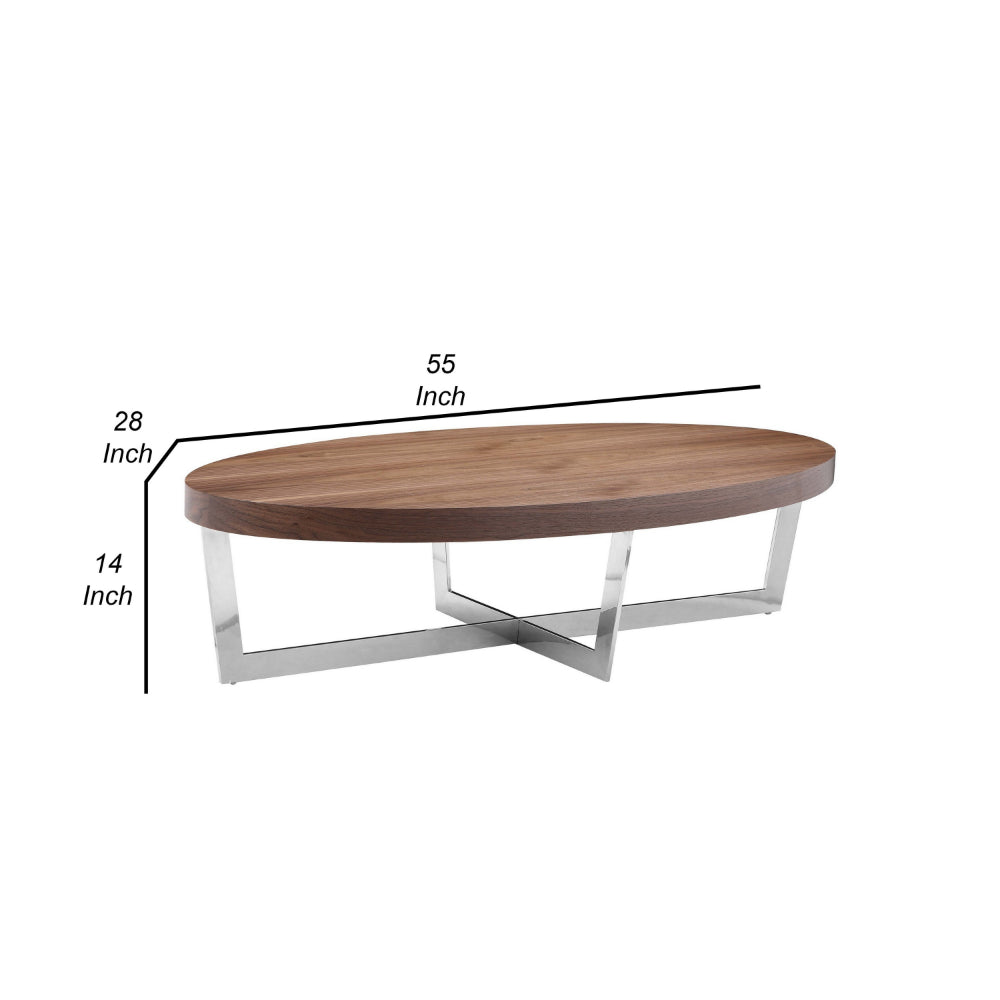 Tini 55 Inch Coffee Table, Oval Top, Chrome Frame, Walnut Brown Finish By Casagear Home