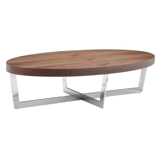 Tini 55 Inch Coffee Table, Oval Top, Chrome Frame, Walnut Brown Finish By Casagear Home