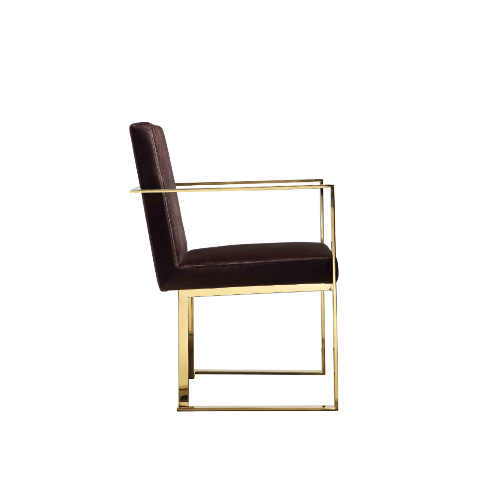 Boly 24 Inch Dining Armchair, Cushioned Brown Velvet Seat, Gold Cantilever  By Casagear Home