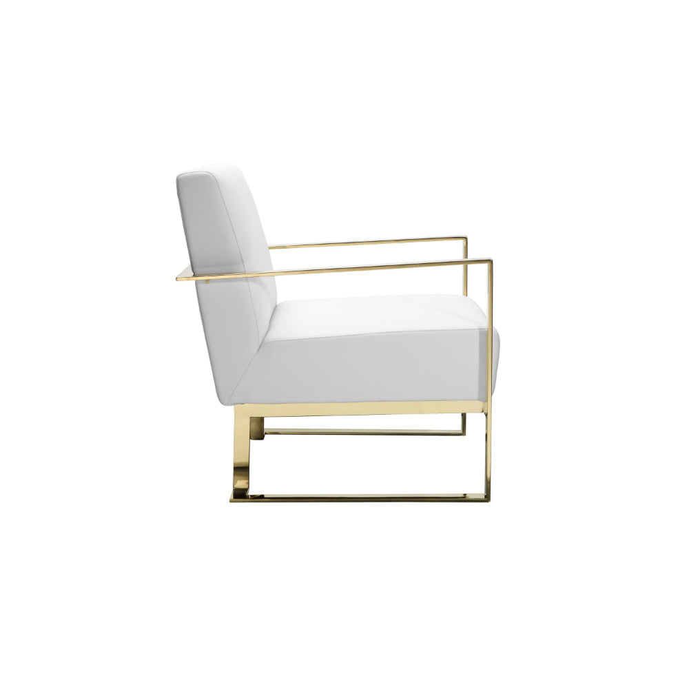 Boly 31 Inch Lounge Chair, White Faux Leather Seat and Gold Sled Legs By Casagear Home