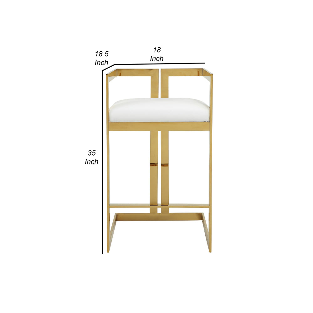 Suki 30 Inch Barstool Chair, White Faux Leather Seat, Gold Cantilever Base By Casagear Home