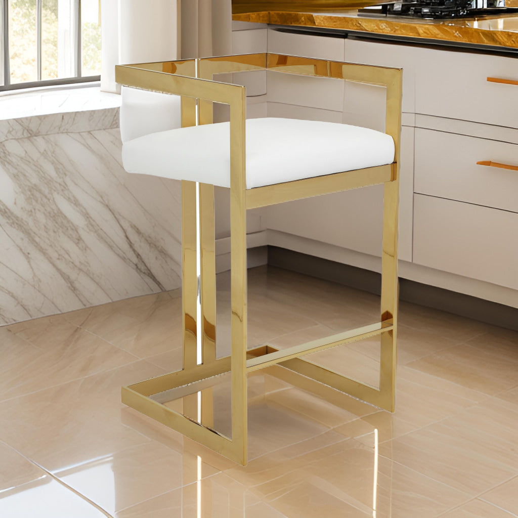 Suki 30 Inch Barstool Chair, White Faux Leather Seat, Gold Cantilever Base By Casagear Home