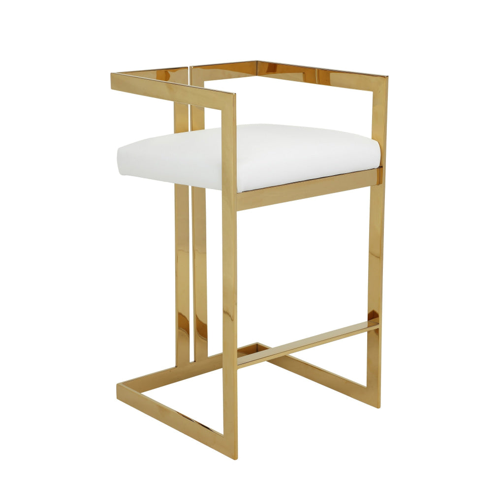 Suki 30 Inch Barstool Chair White Faux Leather Seat Gold Cantilever Base By Casagear Home BM314994