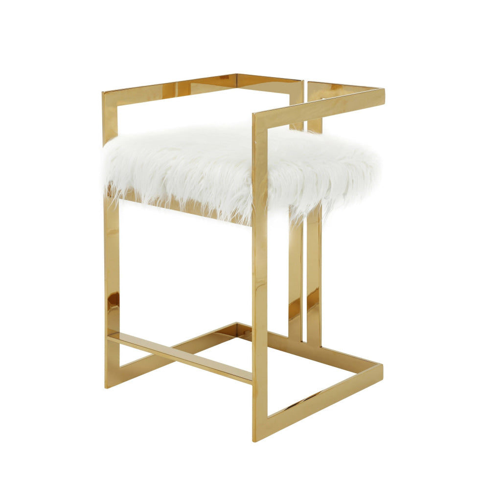 Suki 26 Inch Counter Height Chair White Faux Fur Gold Cantilever Base By Casagear Home BM314997