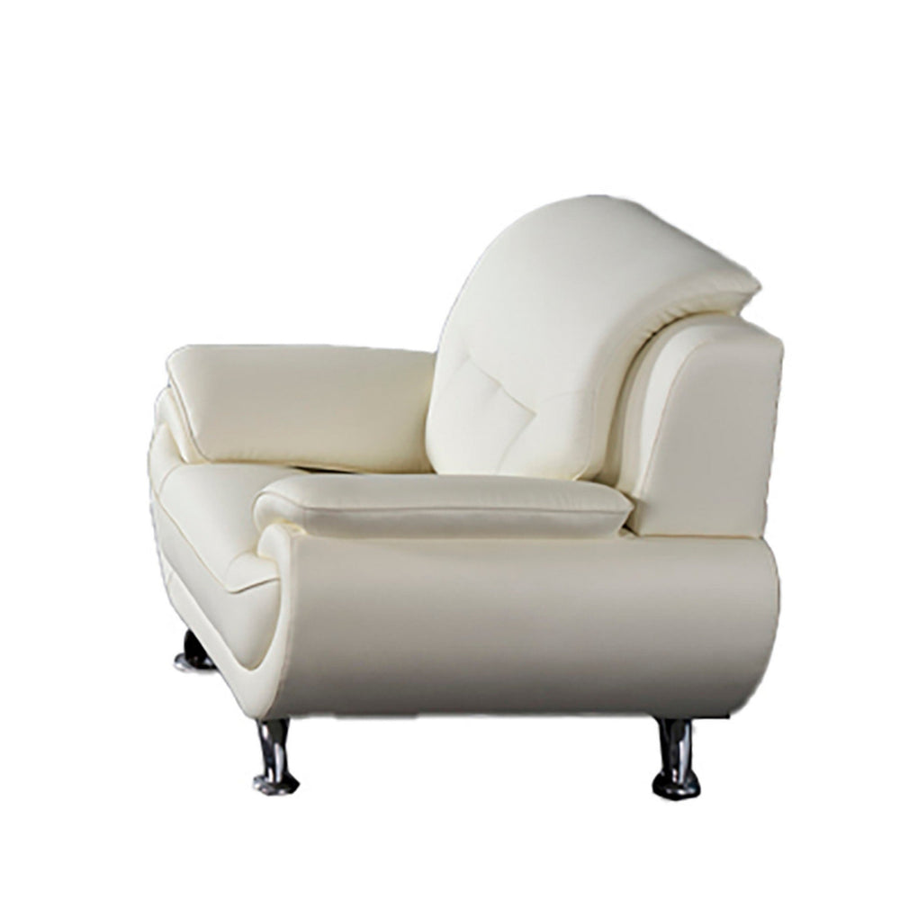 Olaf 50 Inch Sofa Chair Tufted Ivory Faux Leather Chrome Metal Wood By Casagear Home BM315002