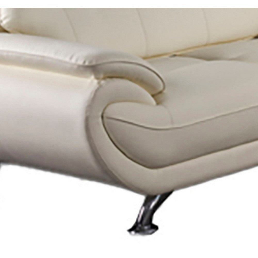 Olaf 69 Inch Loveseat Tufted Ivory Faux Leather Chrome Metal Wood By Casagear Home BM315003