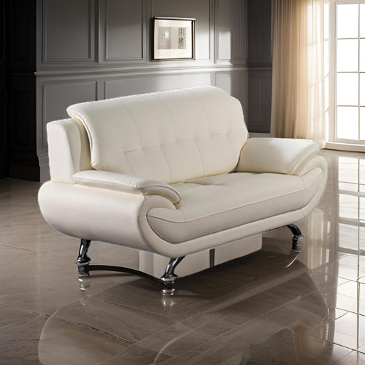 Olaf 69 Inch Loveseat Tufted Ivory Faux Leather Chrome Metal Wood By Casagear Home BM315003