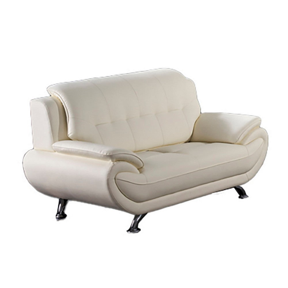 Olaf 69 Inch Loveseat, Tufted Ivory Faux Leather, Chrome Metal, Wood By Casagear Home