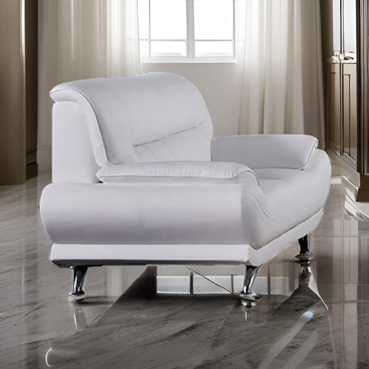 Siaa 57 Inch Loveseat White Faux Leather Upholstery Chrome Metal Wood By Casagear Home BM315009