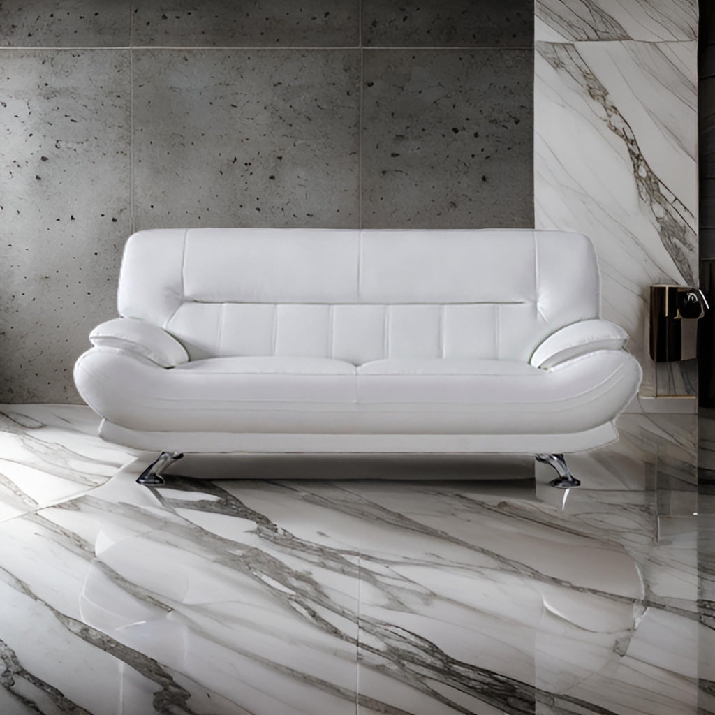 Siaa 82 Inch Sofa White Faux Leather Upholstery Chrome Metal Wood By Casagear Home BM315010