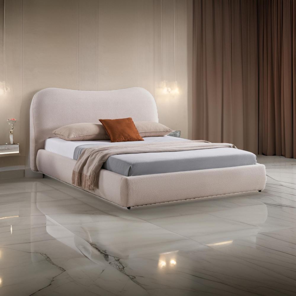 Diy King Size Bed, Low Profile Camelback Headboard, Ivory Upholstery, Wood By Casagear Home