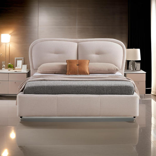 Kia California King Bed, Low Profile Ivory Upholstered Pillow Headboard By Casagear Home