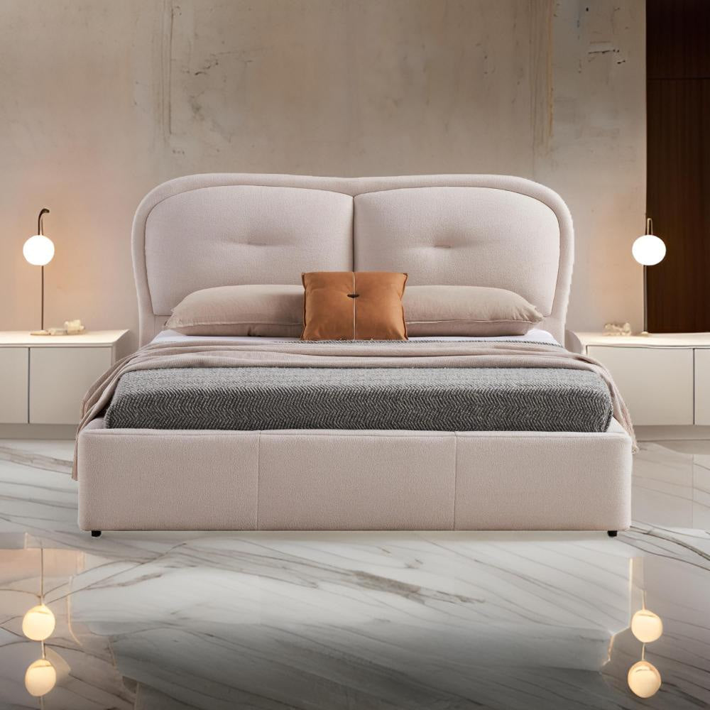 Kia King Size Bed, Low Profile Ivory Upholstered Pillow Headboard, Wood By Casagear Home