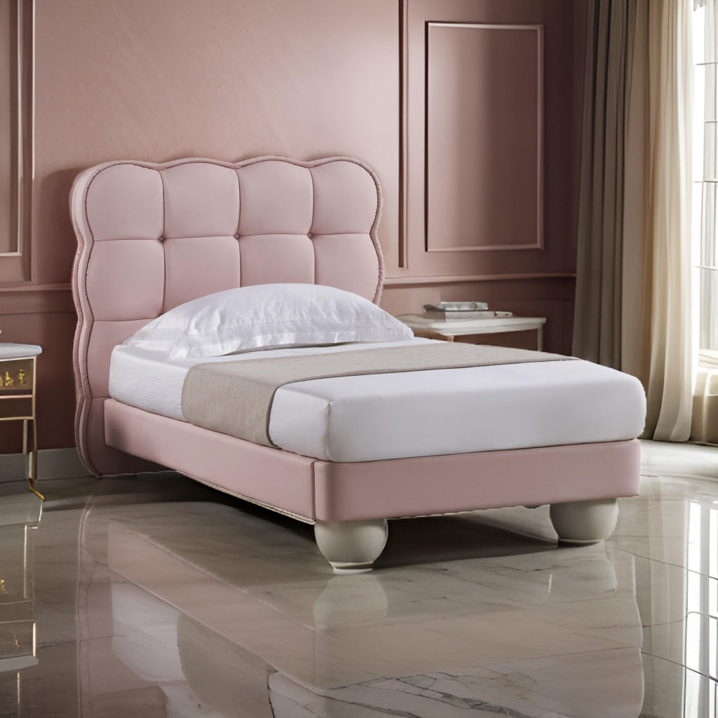 Jeny Full Size Bed, Pink Leather Upholstered Tufted Headboard, Wood By Casagear Home