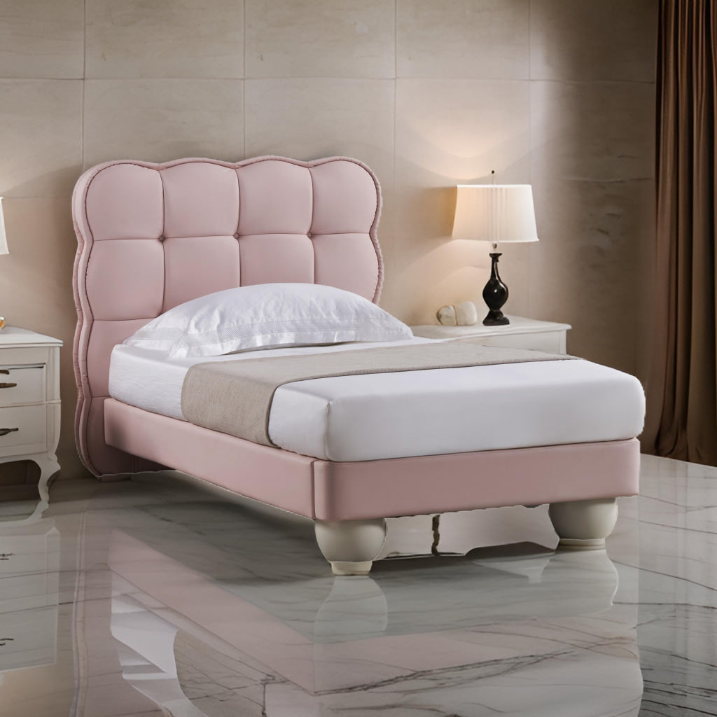 Jeny Queen Size Bed, Pink Leather Upholstered Tufted Headboard, Wood By Casagear Home