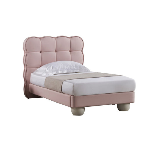 Jeny Twin Size Bed, Pink Leather Upholstered Tufted Headboard, Wood By Casagear Home