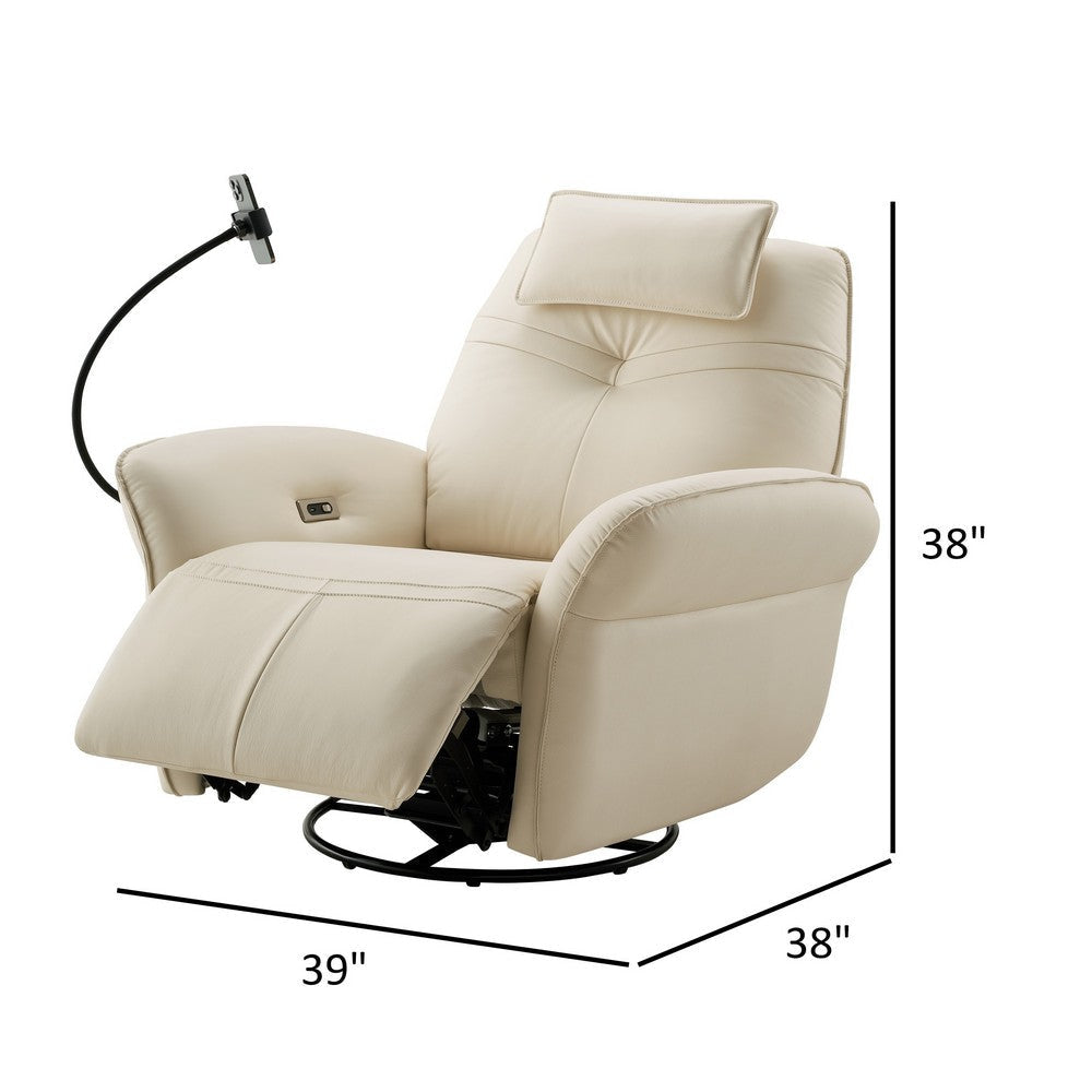 Gymi 39 Inch Swivel Power Recliner with Phone Holder Cushioned Ivory By Casagear Home