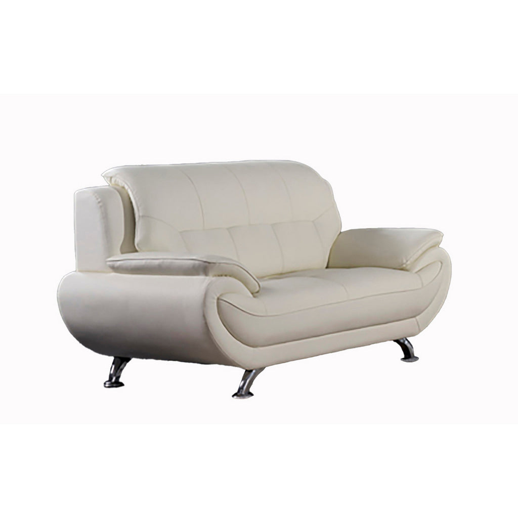 Deni 67 Inch Loveseat Tufted Ivory Real Leather Chrome Metal Legs By Casagear Home BM315043