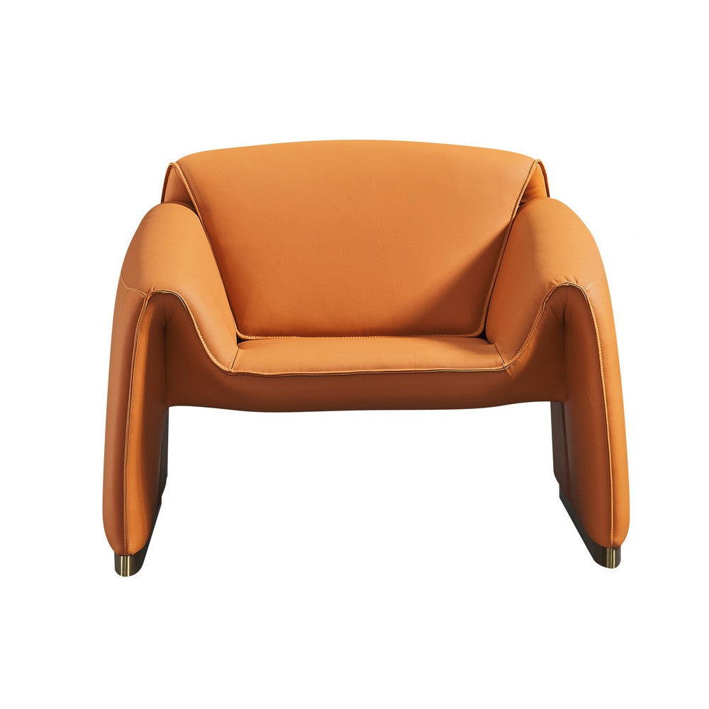 Hei 38 Inch Accent Chair Orange Real Leather Upholstery Gold Metal Finish By Casagear Home