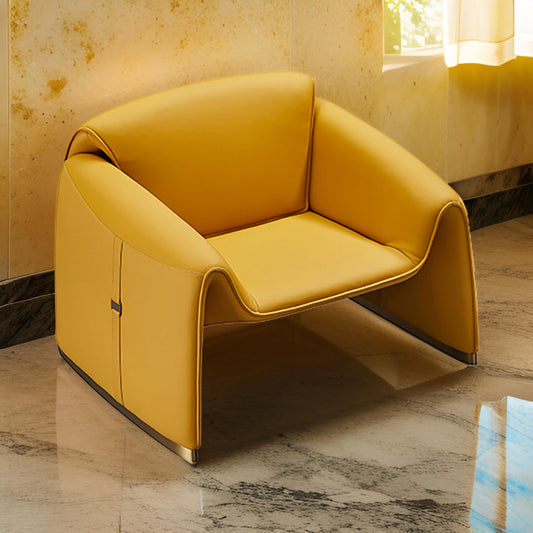 Hei 38 Inch Accent Chair, Yellow Real Leather Upholstery, Gold Metal Finish By Casagear Home