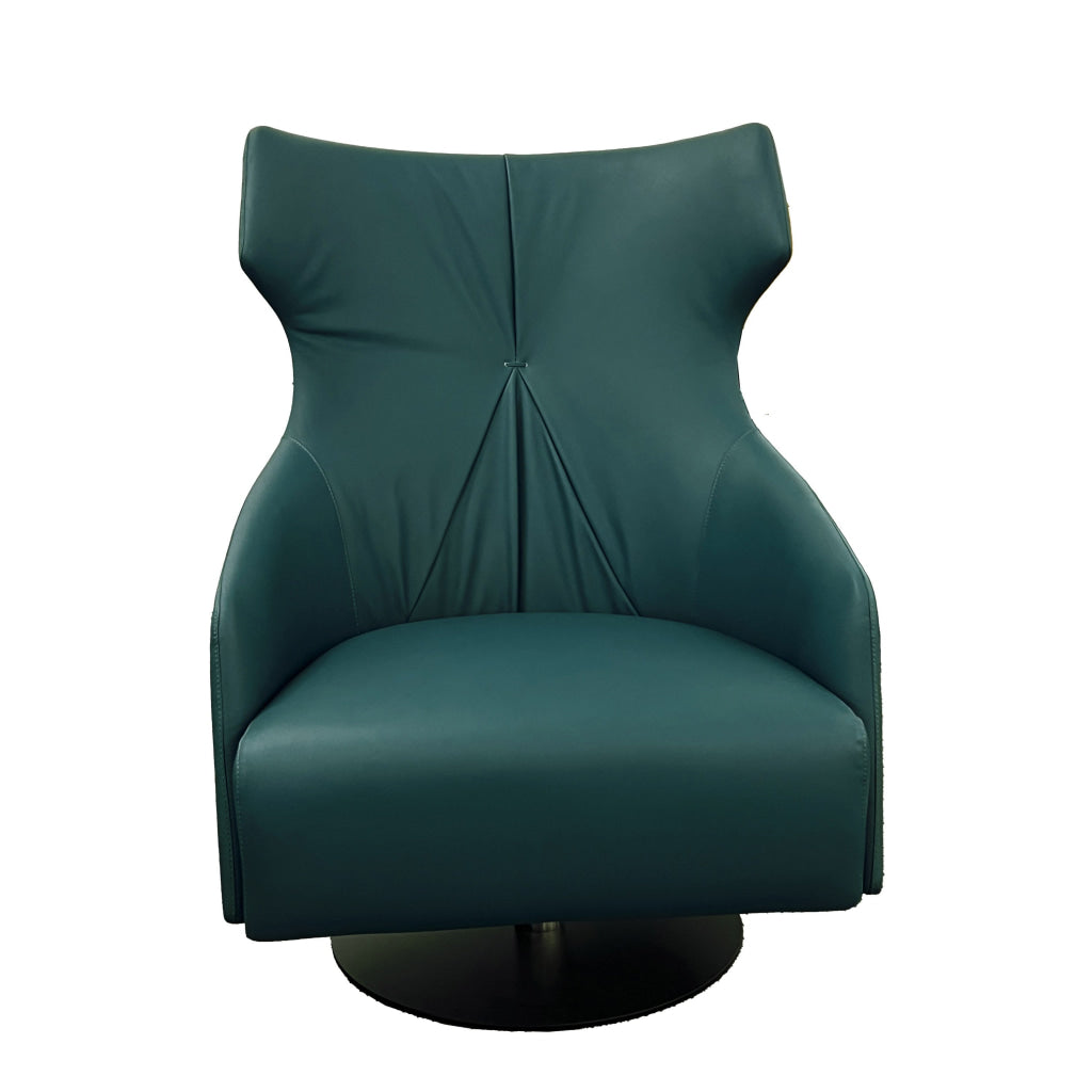 Leni 35 Inch Swivel Accent Chair, Tall Back, Green Real Leather Upholstery By Casagear Home