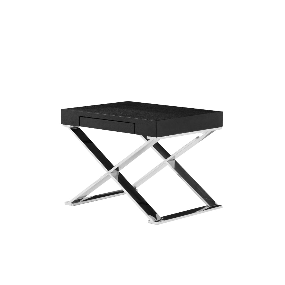 Rix 21 Inch Side End Table, 1 Drawer, X Shape Steel Legs, Black Wood Top By Casagear Home