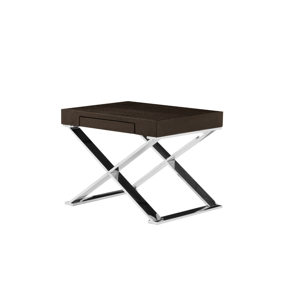 Rix 21 Inch Side End Table, 1 Drawer, X Steel Legs, Espresso Brown Wood By Casagear Home