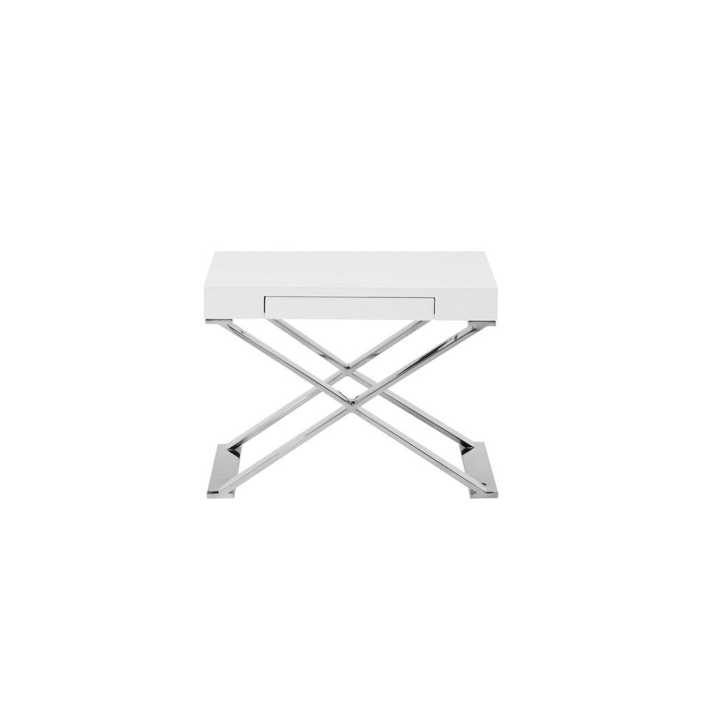 Rix 21 Inch Side End Table 1 Drawer X Shape Steel Legs White Wood Top By Casagear Home BM315058