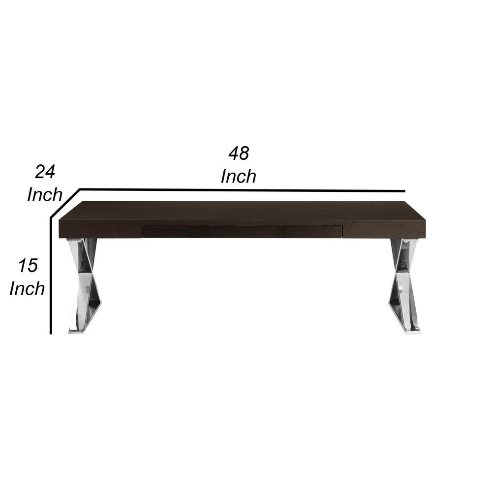 Rix 48 Inch Coffee Table 1 Drawer X Shape Steel Legs Espresso Brown Wood By Casagear Home BM315063