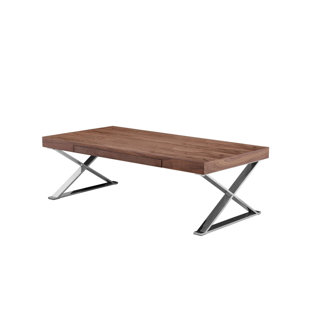 Rix 48 Inch Coffee Table 1 Drawer X Shape Steel Legs Walnut Brown Wood By Casagear Home BM315064