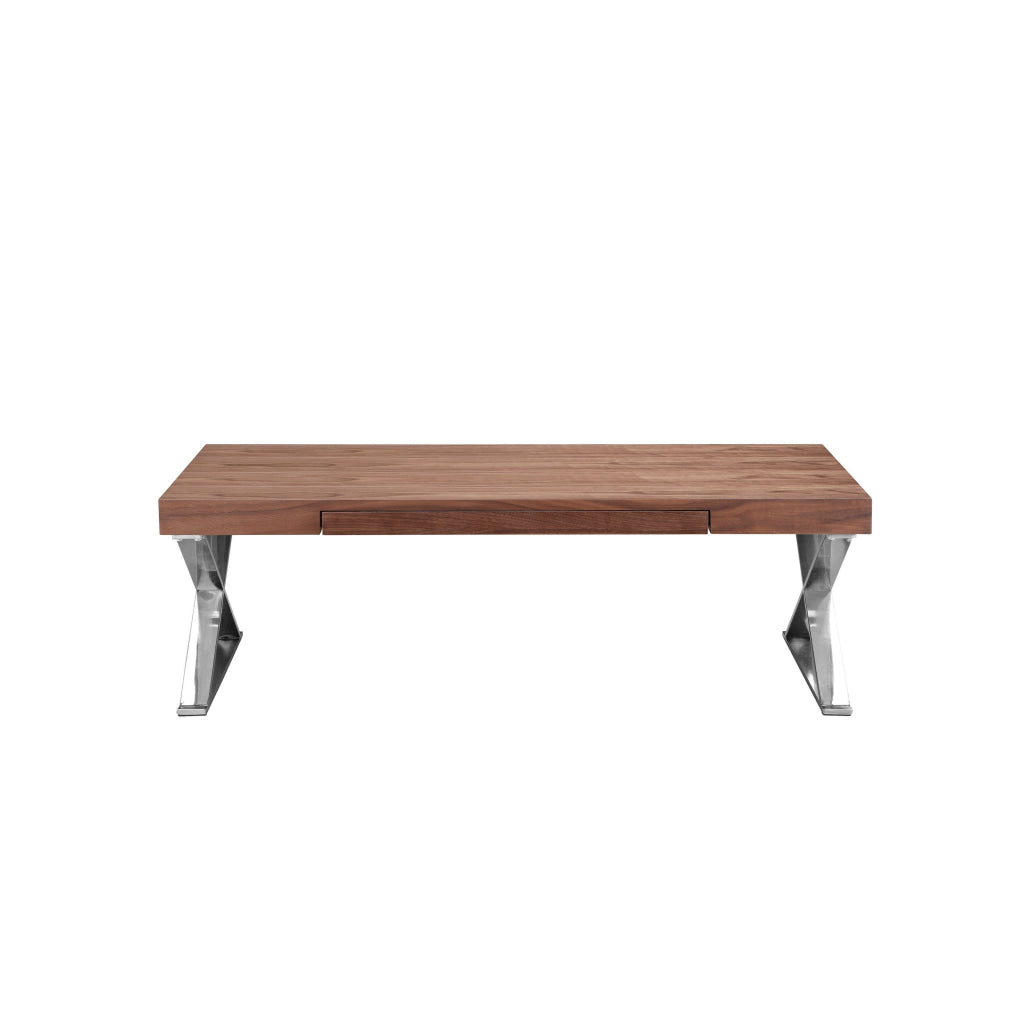 Rix 48 Inch Coffee Table 1 Drawer X Shape Steel Legs Walnut Brown Wood By Casagear Home BM315064