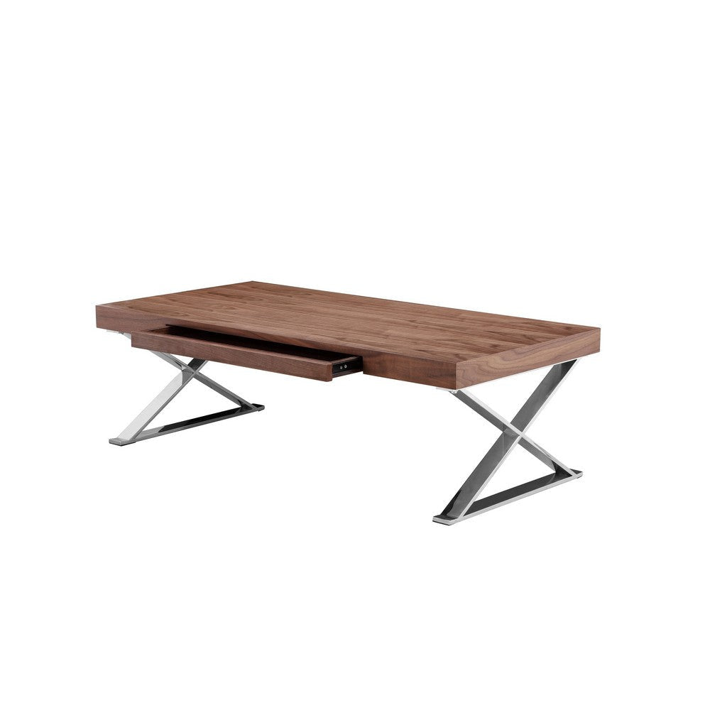 Rix 48 Inch Coffee Table 1 Drawer X Shape Steel Legs Walnut Brown Wood By Casagear Home BM315064