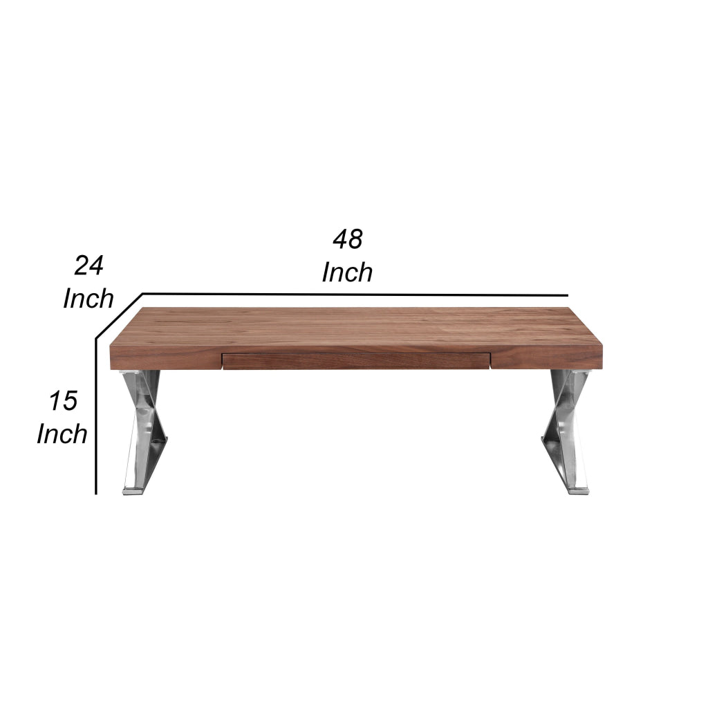 Rix 48 Inch Coffee Table 1 Drawer X Shape Steel Legs Walnut Brown Wood By Casagear Home BM315064