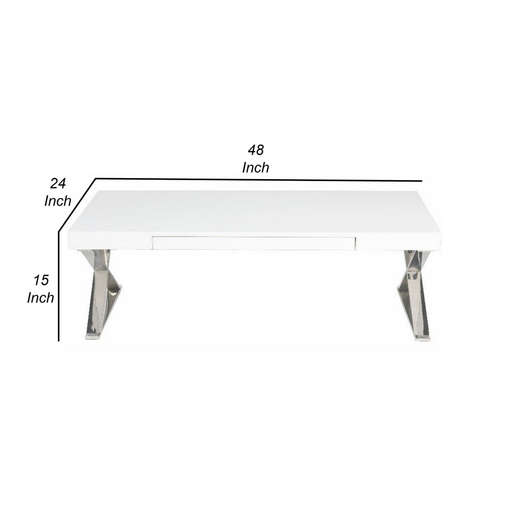 Rix 48 Inch Coffee Table 1 Drawer X Shaped Steel Legs White Wood Top By Casagear Home BM315065