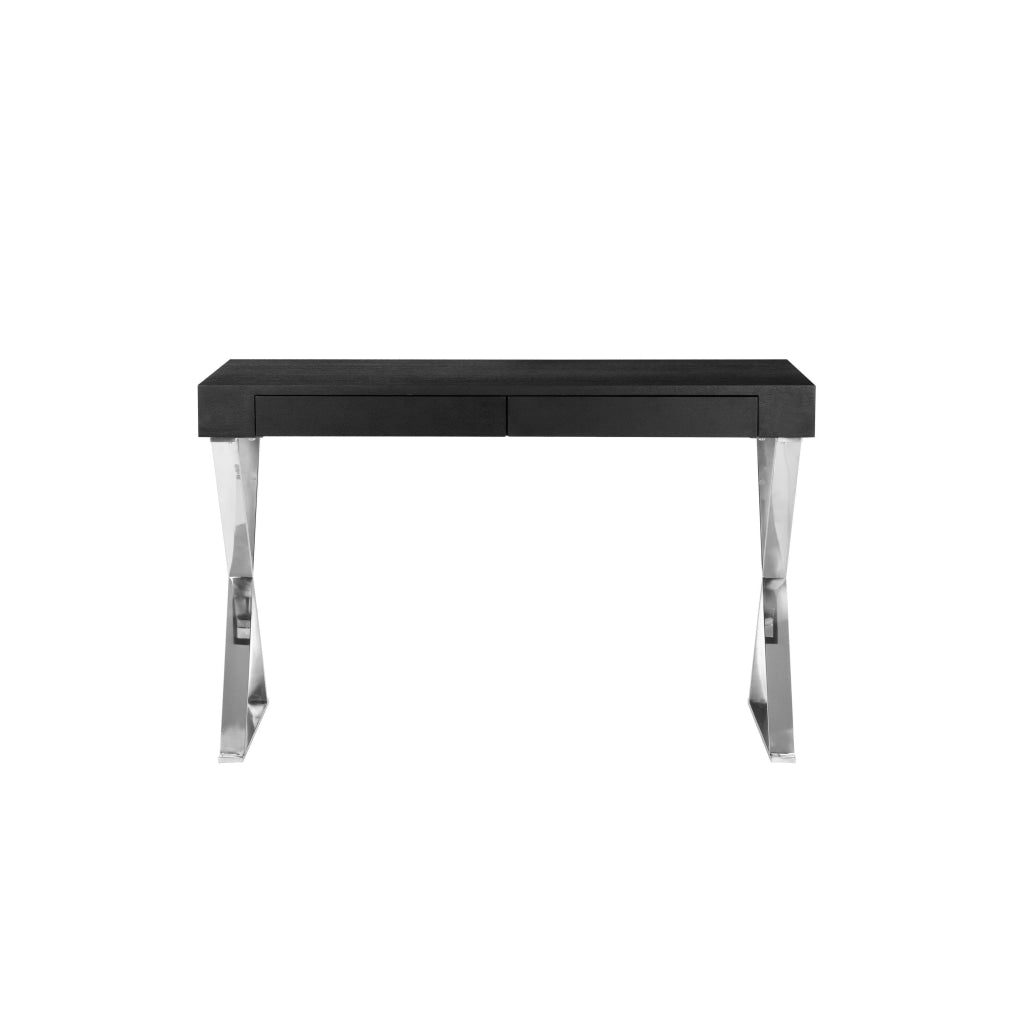 Rix 47 Inch Office Desk Black Wood Top 2 Drawers X Polished Steel Legs By Casagear Home BM315066