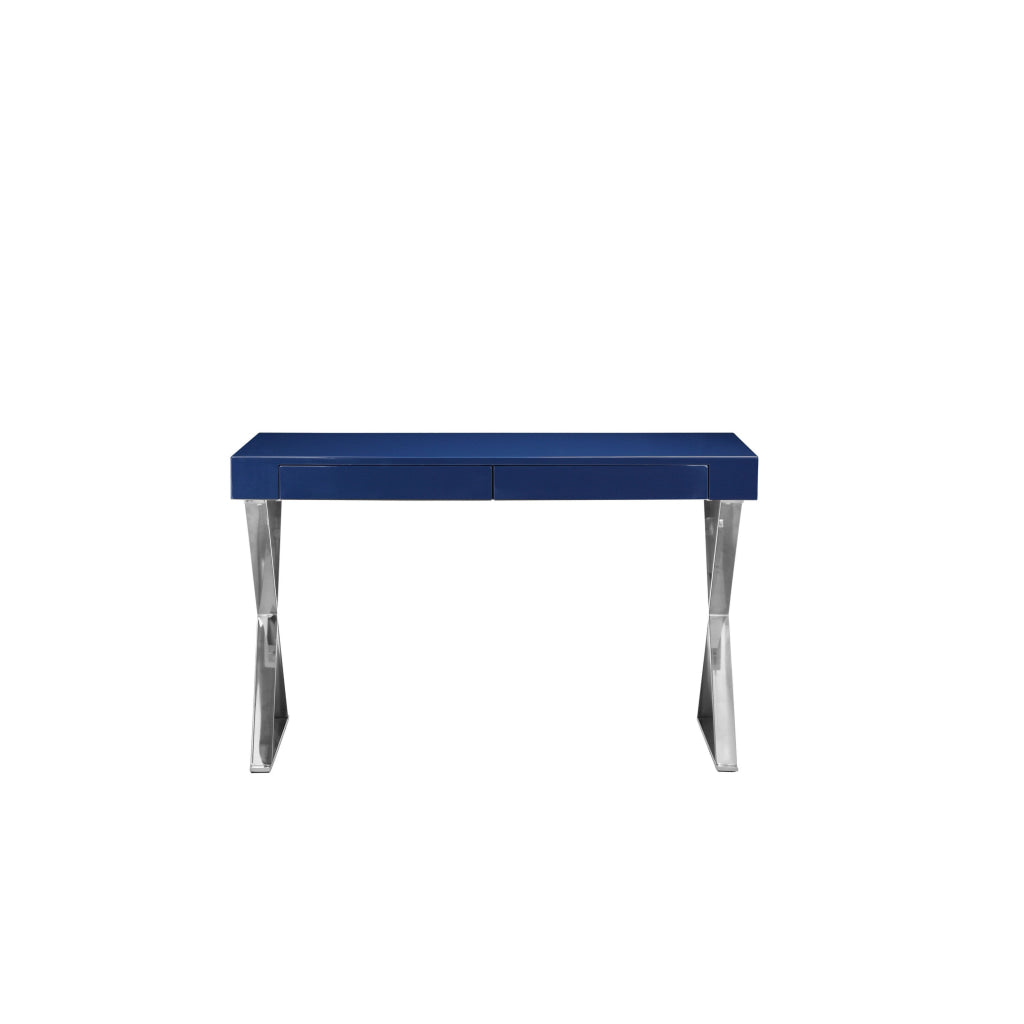 Rix 47 Inch Office Desk Navy Wood Top 2 Drawers X Polished Steel Legs By Casagear Home BM315068