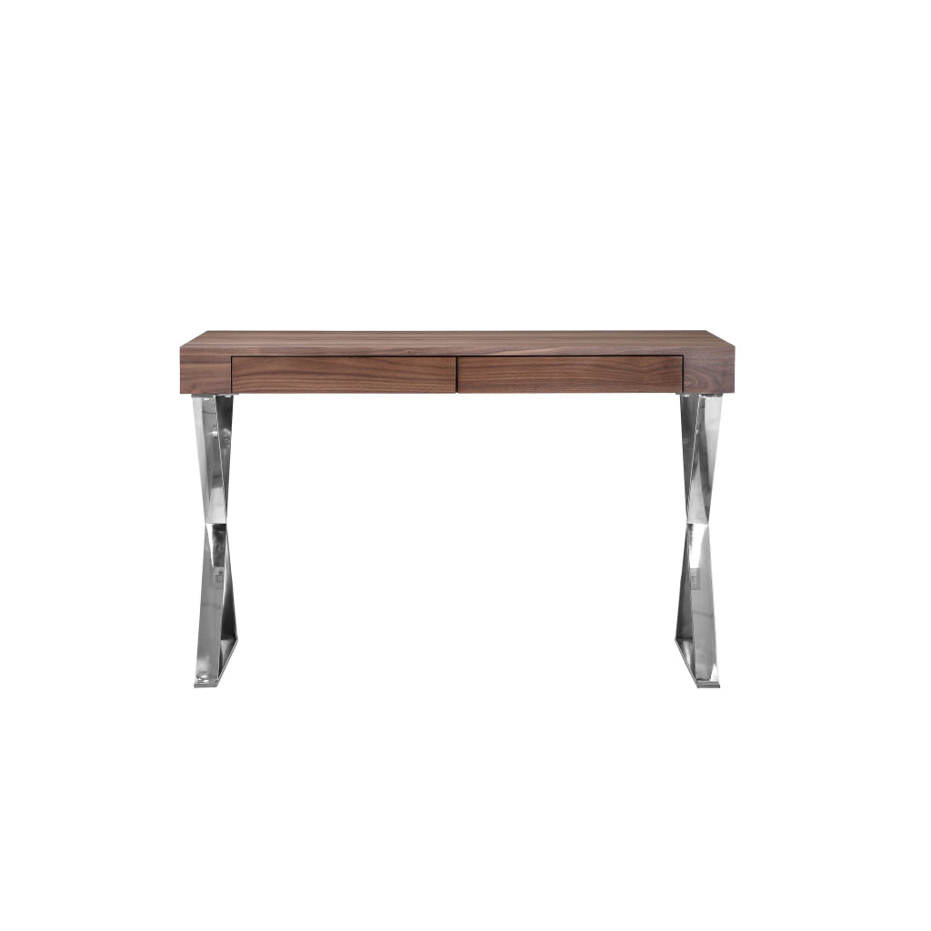 Rix 47 Inch Office Desk Walnut Wood Top 2 Drawers X Polished Steel Legs By Casagear Home BM315069