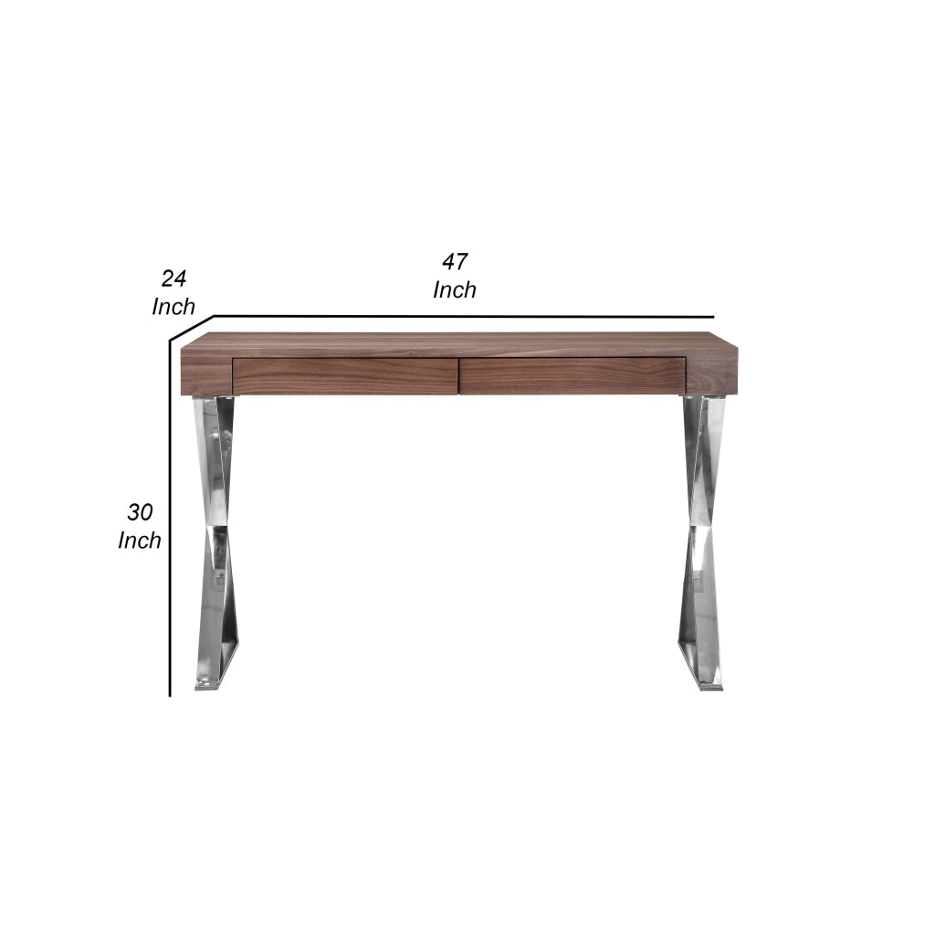 Rix 47 Inch Office Desk Walnut Wood Top 2 Drawers X Polished Steel Legs By Casagear Home BM315069