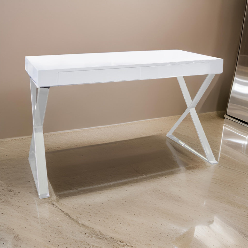 Rix 47 Inch Office Desk White Wood Top 2 Drawers X Polished Steel Legs By Casagear Home BM315070