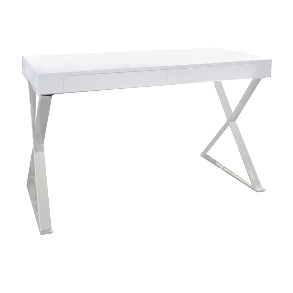 Rix 47 Inch Office Desk White Wood Top 2 Drawers X Polished Steel Legs By Casagear Home BM315070