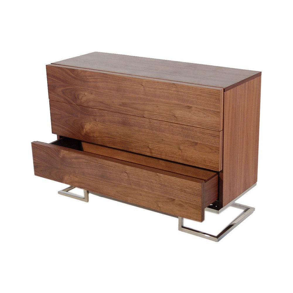 Sam 39 Inch Dresser 3 Drawers Sleek Chrome Steel Legs Walnut Brown Wood By Casagear Home