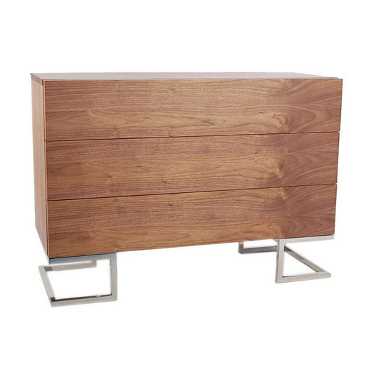 Sam 39 Inch Dresser, 3 Drawers, Sleek Chrome Steel Legs, Walnut Brown Wood By Casagear Home